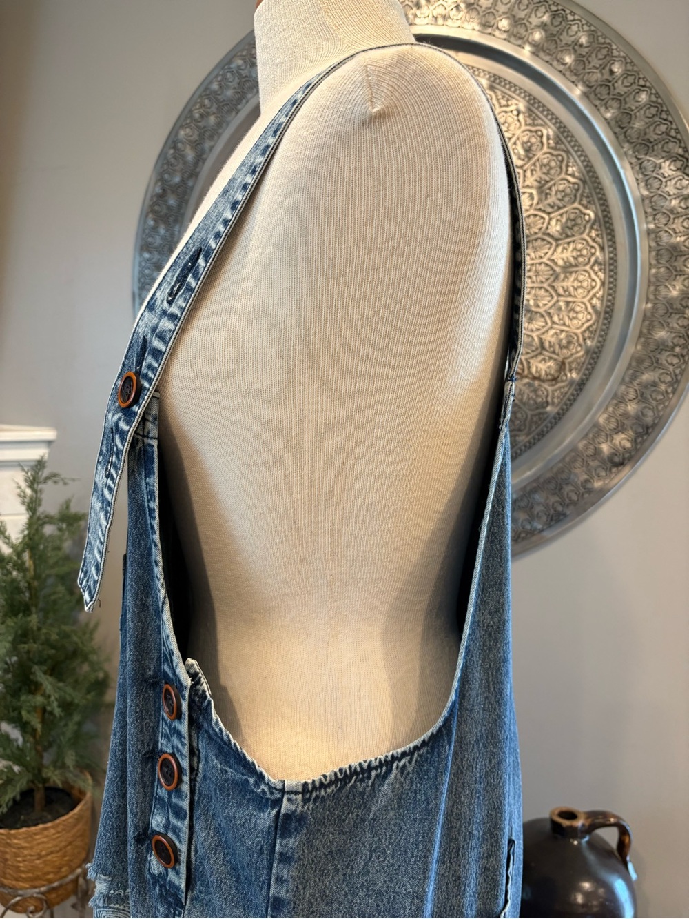 Easel Denim Bandana Patch Wide-Leg Overalls - Blue - Picture 9 of 14